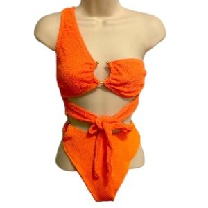 NASTY GAL Crinkle Sexy Cut Ring One Shoulder Bikini Orange Women Size 12